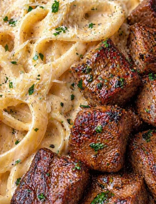 High Protein Garlic Parmesan Steak Alfredo Pasta Recipe