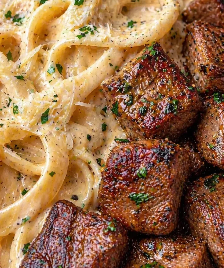 High Protein Garlic Parmesan Steak Alfredo Pasta Recipe