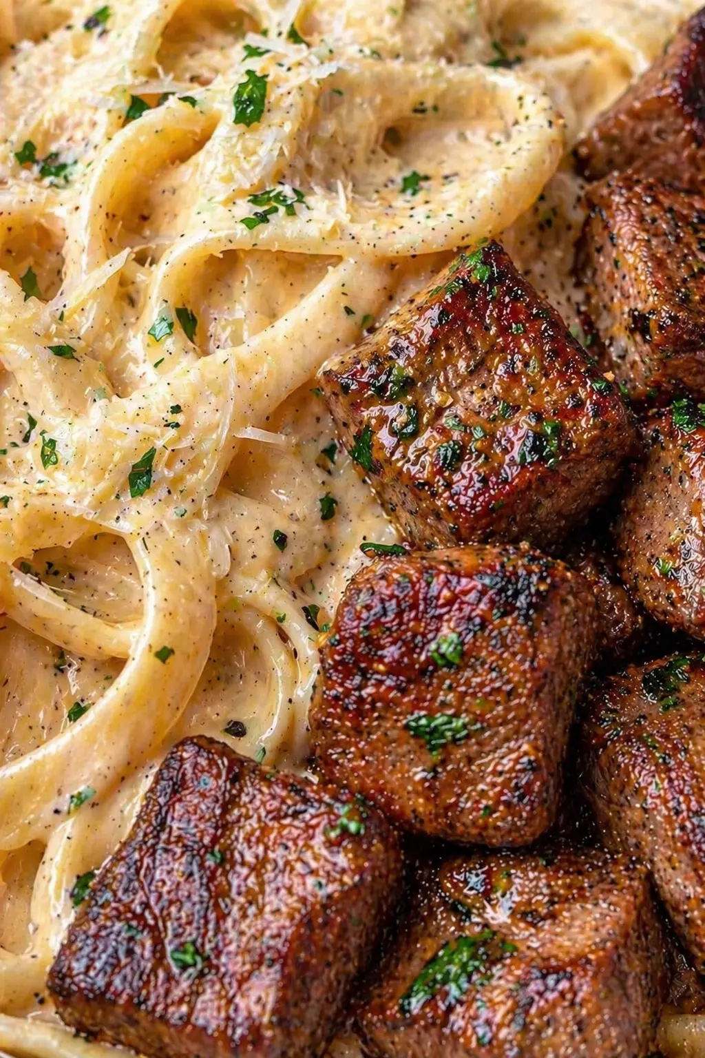 High Protein Garlic Parmesan Steak Alfredo Pasta Recipe