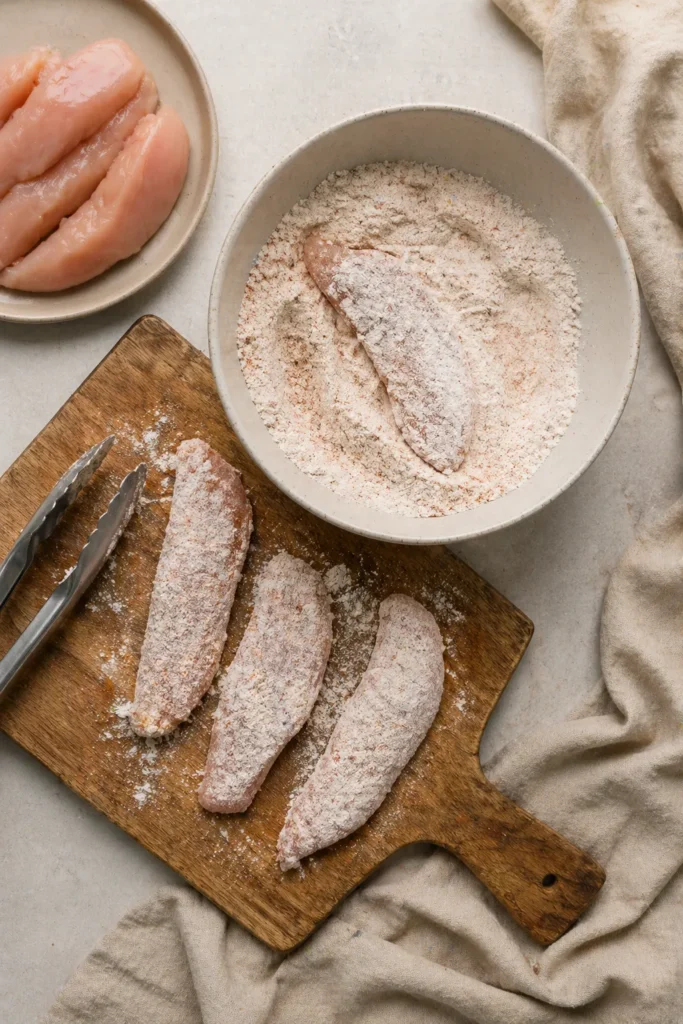Chicken tenders coated in seasoned flour