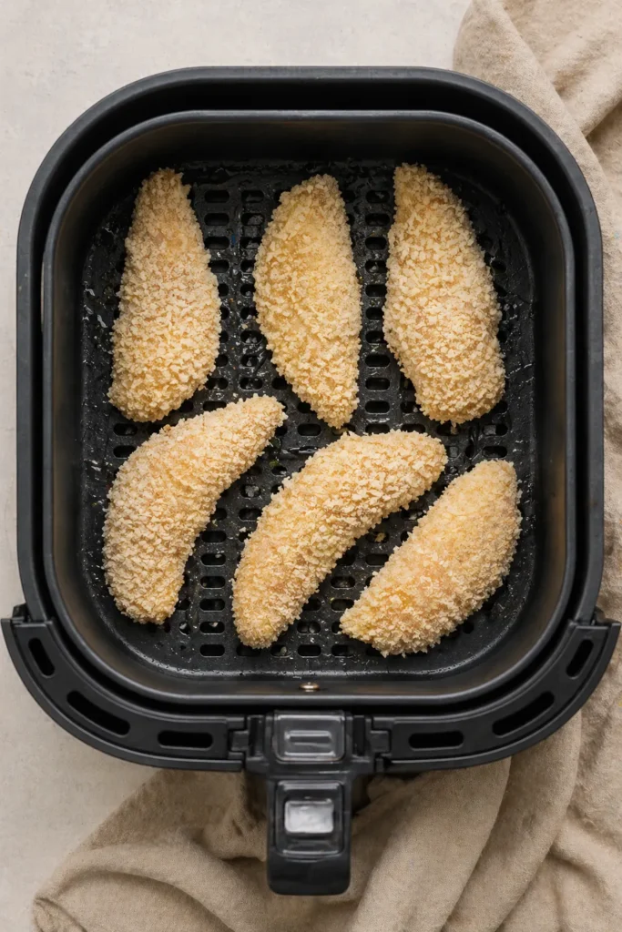 Breaded chicken tenders arranged in a single layer in the air fryer basket