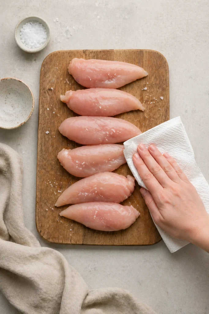 Raw chicken tenders on a wooden board before seasoning